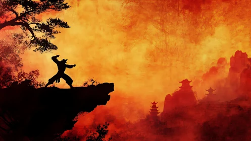Martial artist silhouette on cliff over fiery pagoda valley.