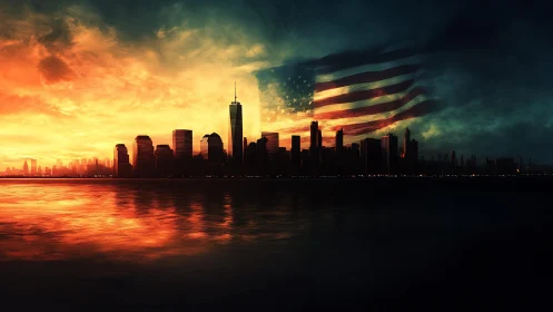 US city skyline glows under burning sunset flag overlay