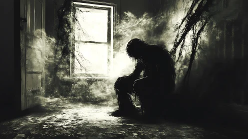 Shadowed figure pauses in a haunting room of swirling mist