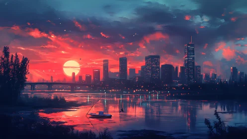 Crimson sunset sinks behind a glowing futuristic city skyline