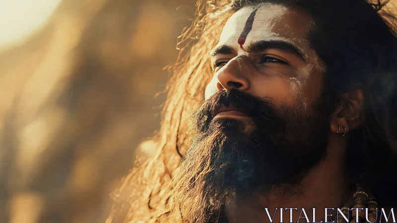 Bearded man with ritual markings in warm outdoor light.