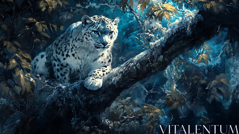 Snow Leopard Perched on Frost-Laden Branch in Alpine Forest.