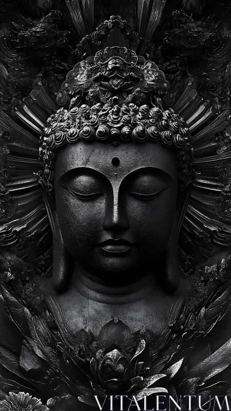 Monochrome Buddha sculpture with ornate floral reliefs.