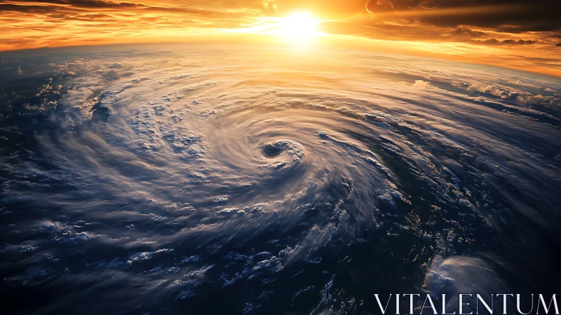 Spiral cyclone structure rendered beneath high-altitude golden sunset
