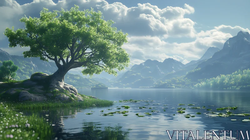 Solitary lakeside guardian tree under drifting mountain clouds.