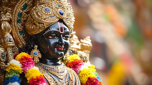 Ornate black deity statue with gold crown and flower garlands.