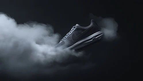 Dark running sneaker floating in dramatic studio fog.