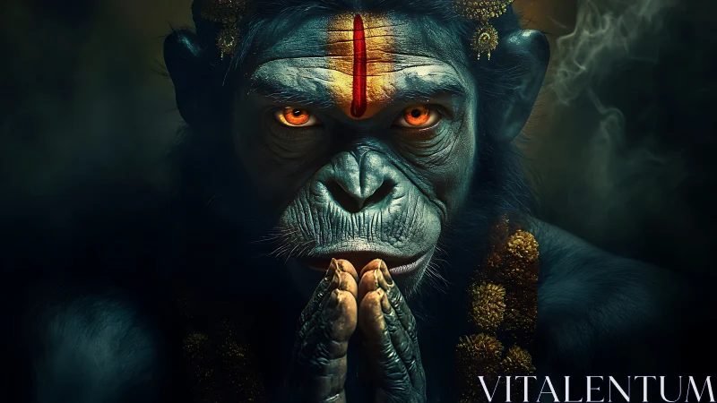 Simian deity portrait with luminescent gaze and ritual markings.