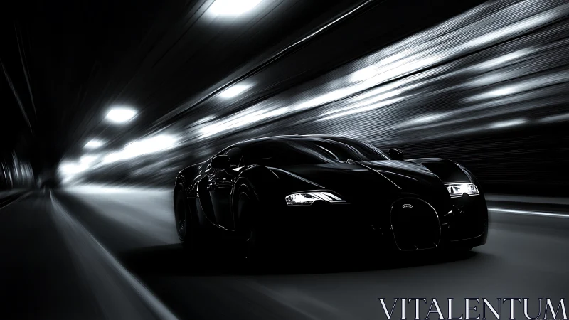 Black supercar racing through tunnel at night at speed.