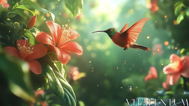 Hummingbird hovers near red flowers in soft green light