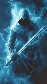 Hooded spectral swordsman is rendered in blue vaporous light