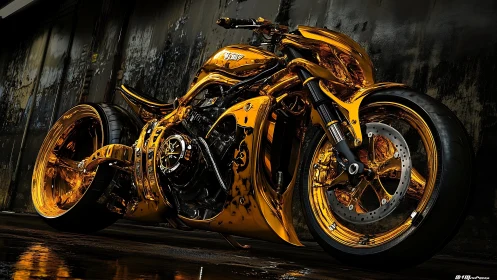 Liquid gold custom motorcycle gleaming with bold attitude.