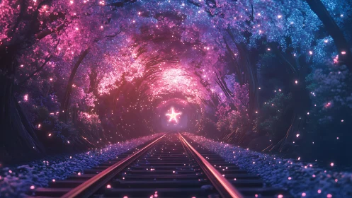 Enchanted railway tunnel glows with neon blossoms and starlight