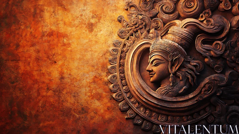 Carved relief sculpture shows ornate profile on textured wall