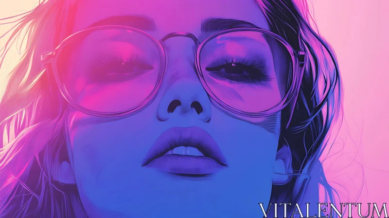 Close-up digital portrait with neon pink and blue lighting.