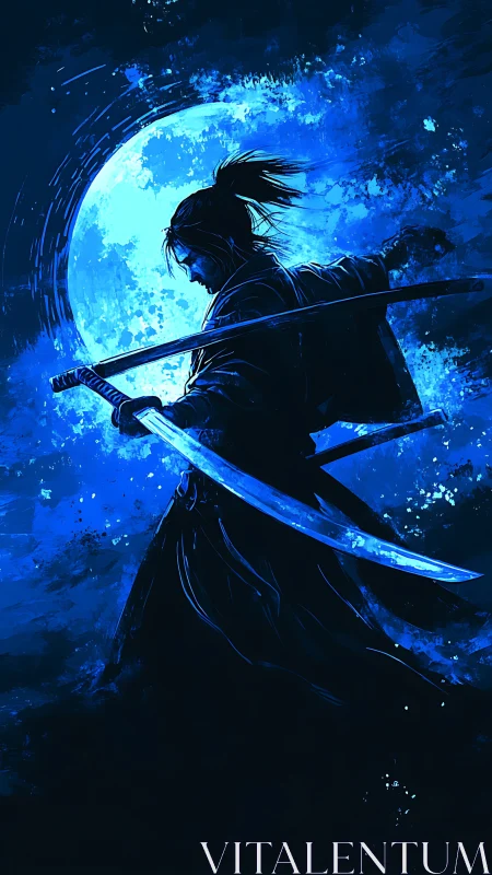 Solitary swordsman silhouette before full blue moon.