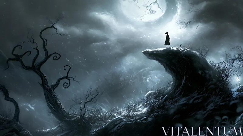 Lone silhouette beneath swirling winter moonlit storm.
