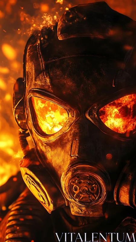 Gas Mask with Glowing Eyes Against Intense Fire Background