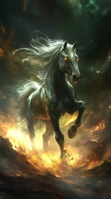 Spectral warhorse rearing from molten flames in storm haze