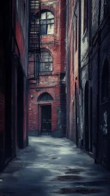 Narrow brick alleyway with wet pavement and fire escape.