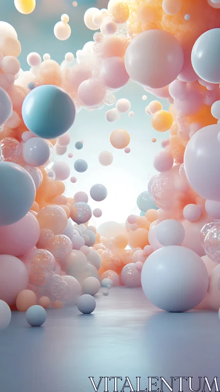 Soft pastel spheres drifting through a dreamlike corridor.