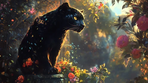 Black Panther Among Luminous Flowers in Golden Light.