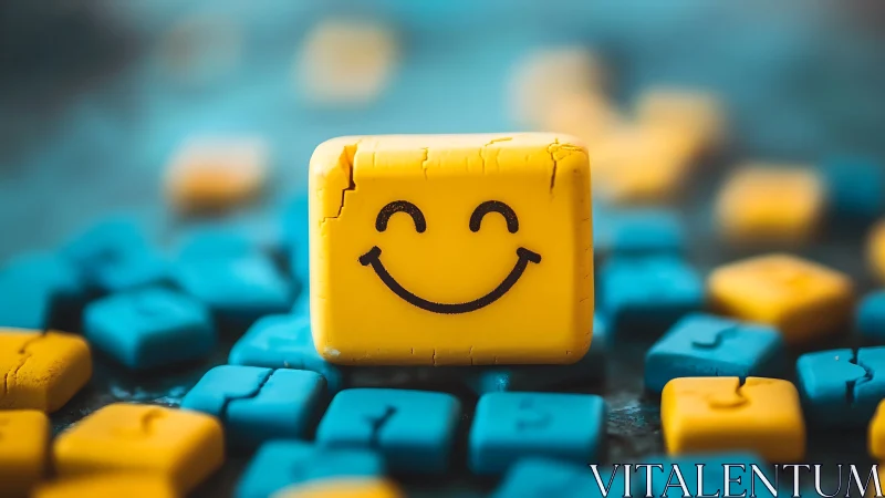 Cheerful yellow smiley block brightening a playful crowd.