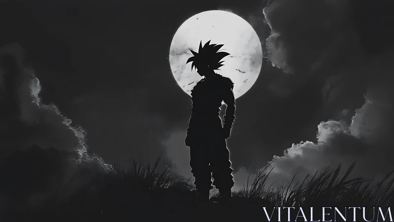 Silhouetted anime warrior stands against high-contrast full moon