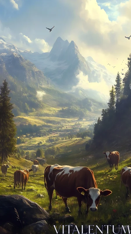 Majestic alpine cows graze beneath towering snowy peaks.