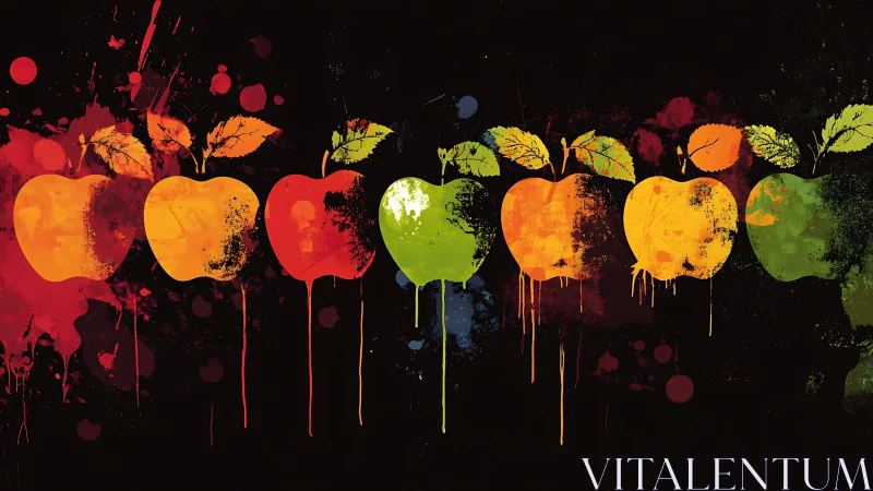Color-splashed apples drip across bold black canvas.