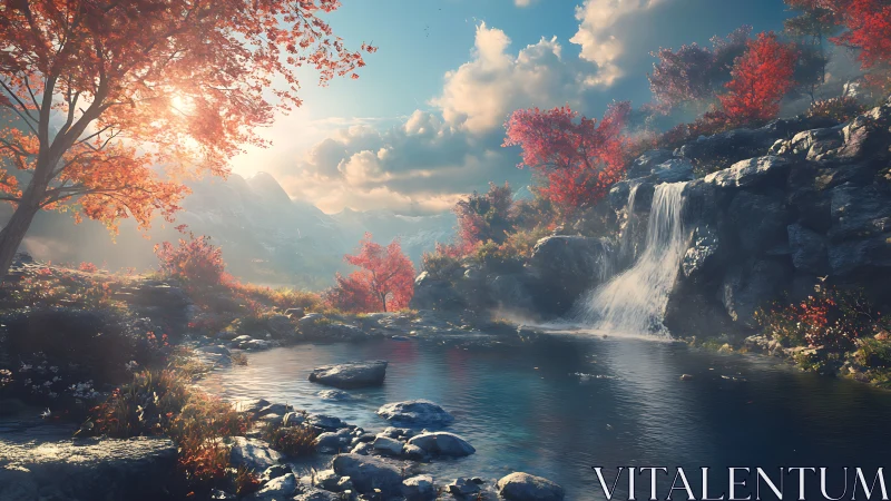 Tranquil autumn waterfall cradled by glowing mountain light.