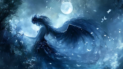 Moonlit winged sorceress drifts through an ethereal forest.