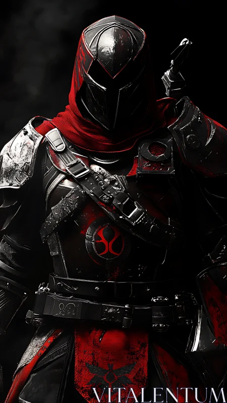 Mysterious red‑scarved knight standing in shadowed armor.