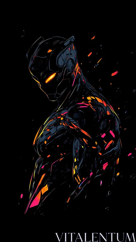 Humanoid armored figure with neon highlights on dark field.