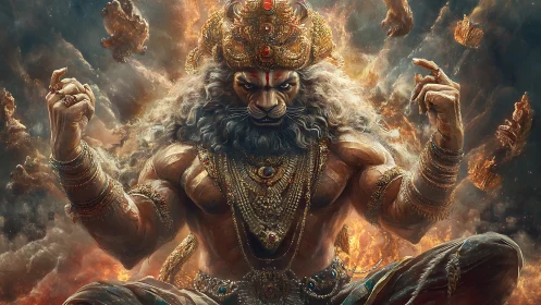 Lion-headed warrior deity emerges in blazing celestial fury
