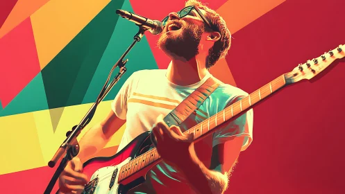 Bold pop-art guitarist captured mid-performance in neon hues