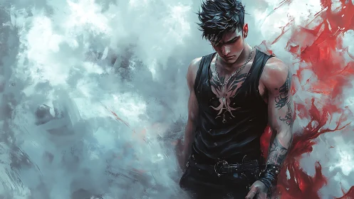 Brooding tattooed man stands amid icy smoke and blood mist