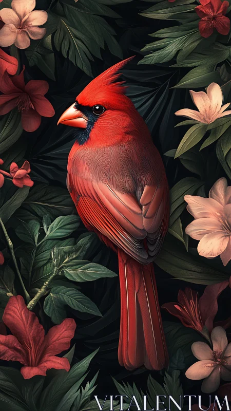 Scarlet cardinal poses like royal flame amid lush blossoms