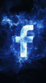 Glowing blue social media F icon within digital smoke field.