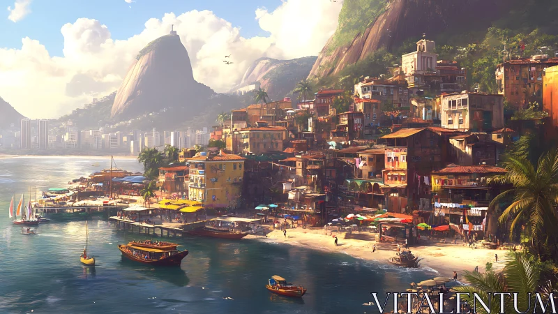 Sunlit hillside favela overlooks a bustling tropical bay