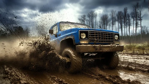 Blue off-road truck powers through muddy forest trail storm