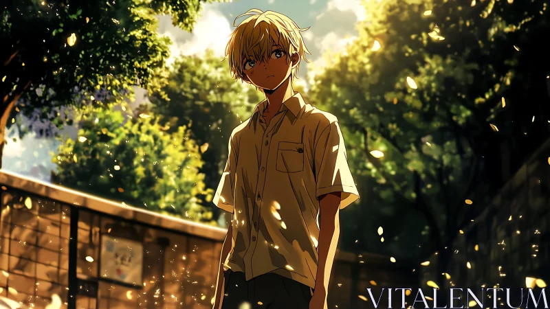 Summer courtyard youth under drifting golden light flakes.