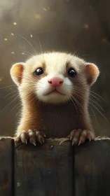 Ferret stares upward over wooden fence in soft backlight