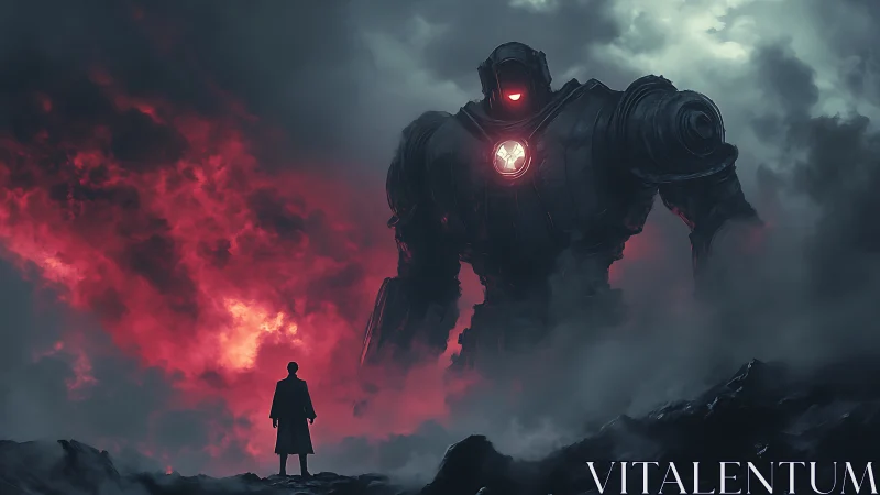 Human figure observes large robotic entity in red storm