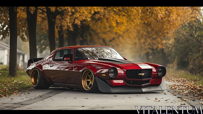 Modified red muscle car parked on quiet autumn road.