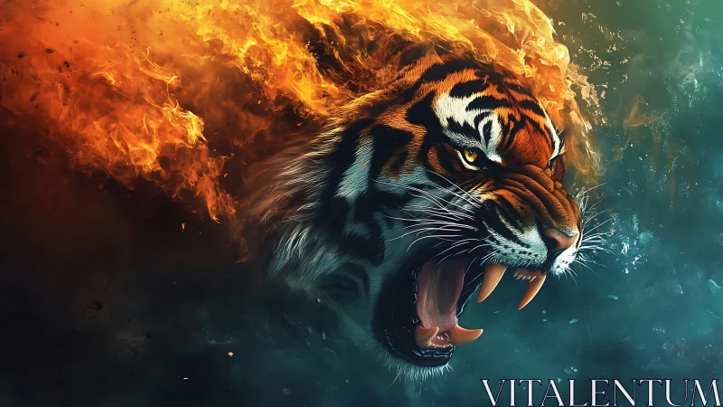 Tiger head roars while engulfed in stylized digital flames.