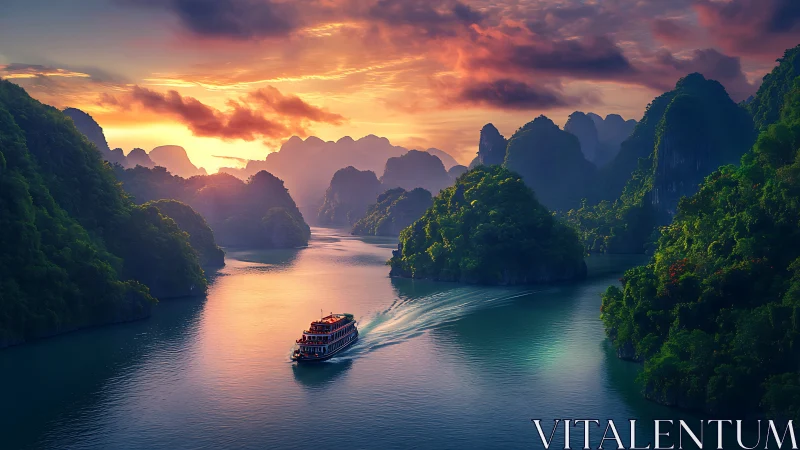 Tour boat gliding through lush karst river at sunset.