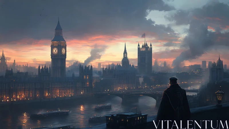 Misty London twilight watched from a quiet riverside ledge.