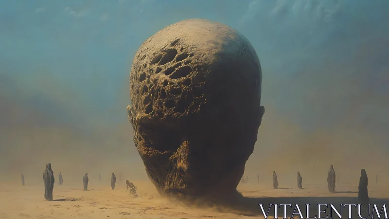 Colossal desert skullhead brooding over robed wanderers.