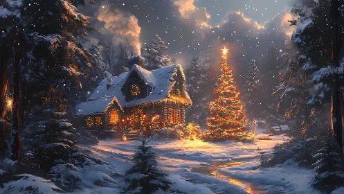 Snow-laden forest cabin and illuminated Christmas tree under snowfall